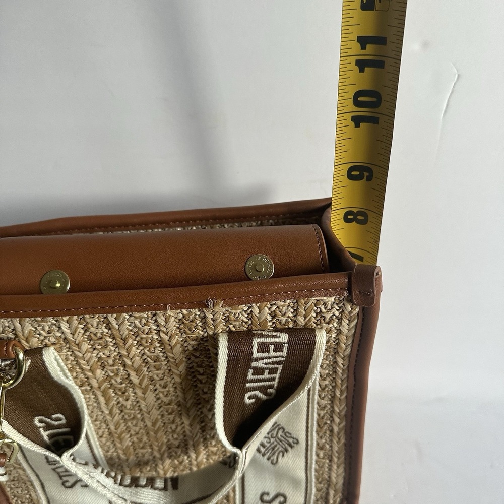 Steve Madden Bwebber Straw Satchel Crossbody Logo Bag Cognac 9" With Small Pouch - Picture 10 of 11